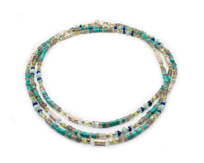 Lange Edelsteinkette 129 cm mit Labradorit Aquamarin Apatit & Lapis rund & zylindrisch 4 mm mit Karabinerverschluss aus 925 Silber