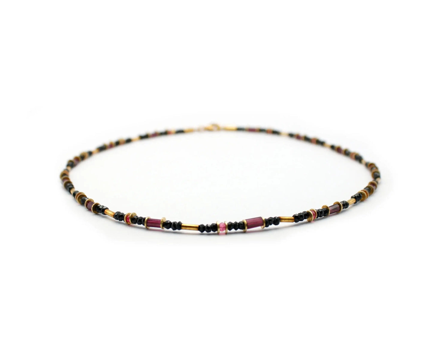 edelsteinkette black heat 45cm schwarzer spinell roter spinell granat 3mm 8mm vergoldeter karabiner silber