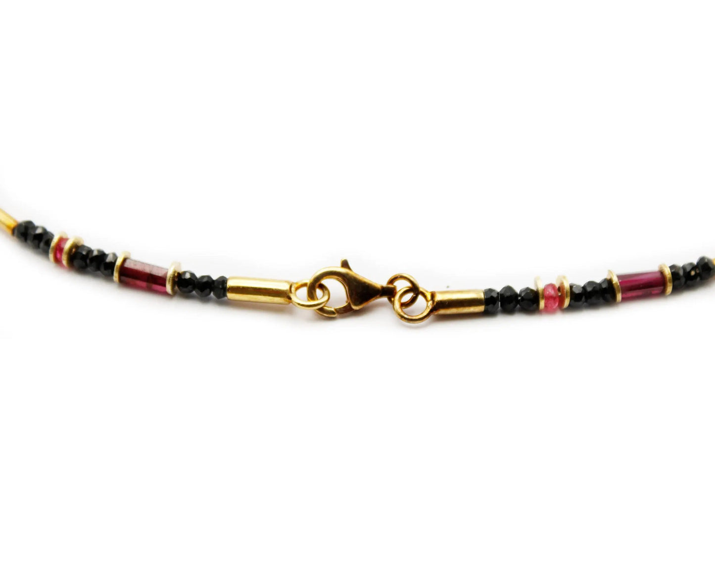 edelsteinkette black heat 45cm schwarzer spinell roter spinell granat 3mm 8mm vergoldeter karabiner silber