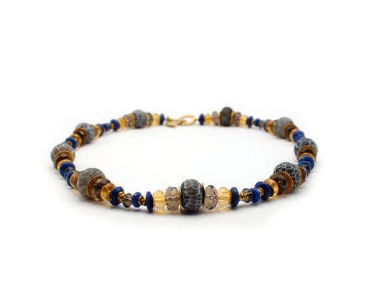 edelsteinkette blueberry 45cm mit lapis citrin rauchquarz quarz und vergoldetem einhängeverschluss