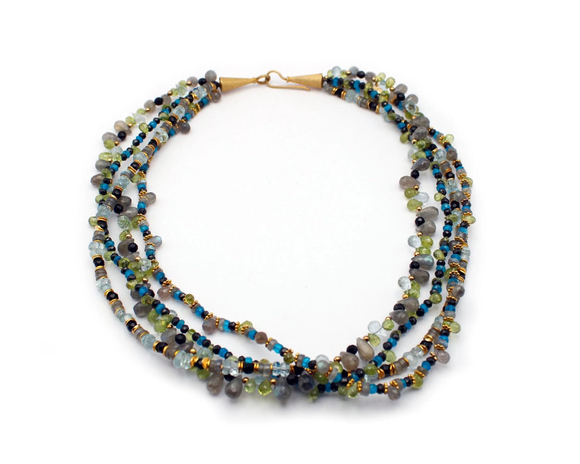 dreireihige edelsteinkette caipirinha 45cm mit aquamarin peridot spinell apatit labradorit rund tropfenförmig vergoldeter silberverschluss