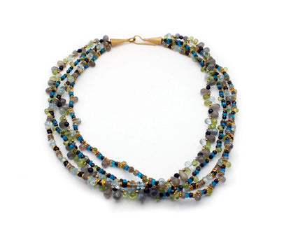 dreireihige edelsteinkette caipirinha 45cm mit aquamarin peridot spinell apatit labradorit rund tropfenförmig vergoldeter silberverschluss