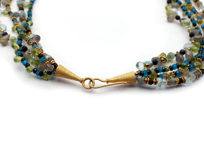 dreireihige edelsteinkette caipirinha 45cm mit aquamarin peridot spinell apatit labradorit rund tropfenförmig vergoldeter silberverschluss