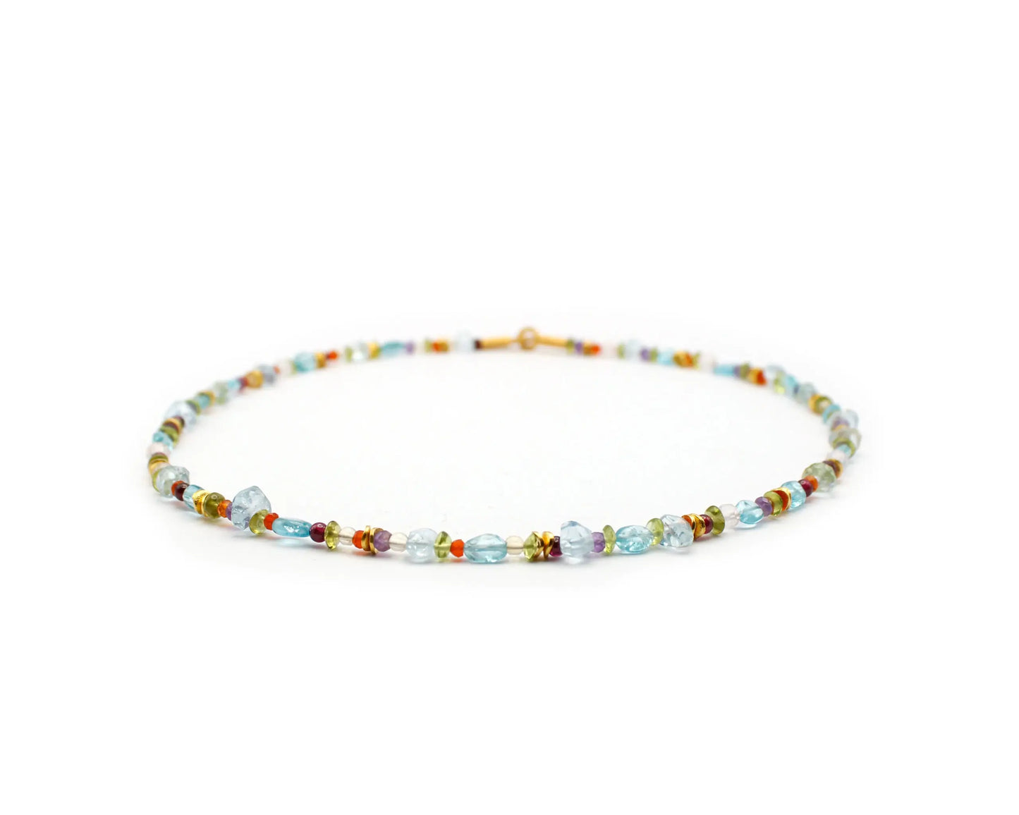 Handgefertigte bunte Edelsteinkette 45 cm mit Peridot Apatit Carneol Citrin Amethyst und Aquamarin rund geschliffen vergoldeter Einhängeverschluss