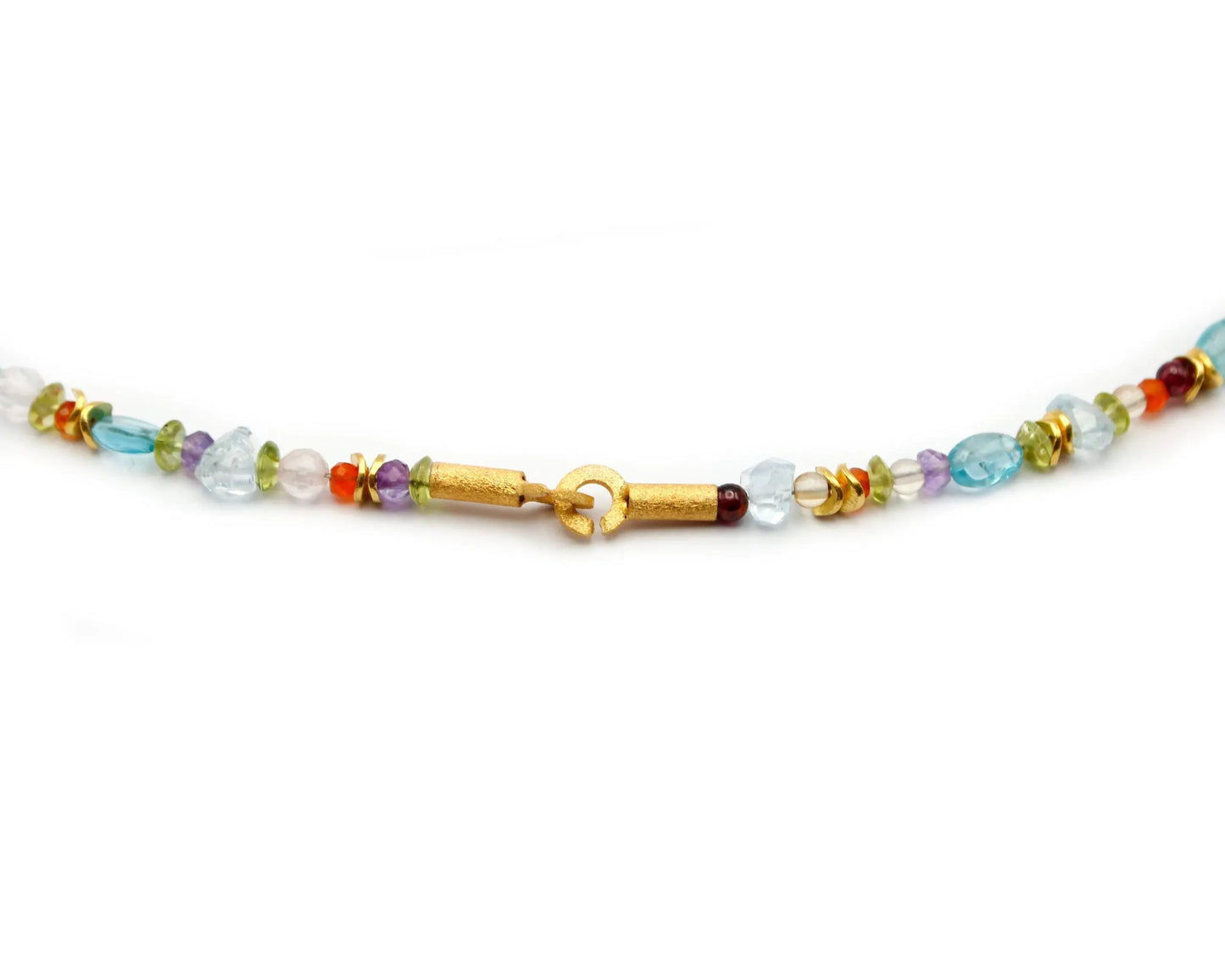 Handgefertigte bunte Edelsteinkette 45 cm mit Peridot Apatit Carneol Citrin Amethyst und Aquamarin rund geschliffen vergoldeter Einhängeverschluss