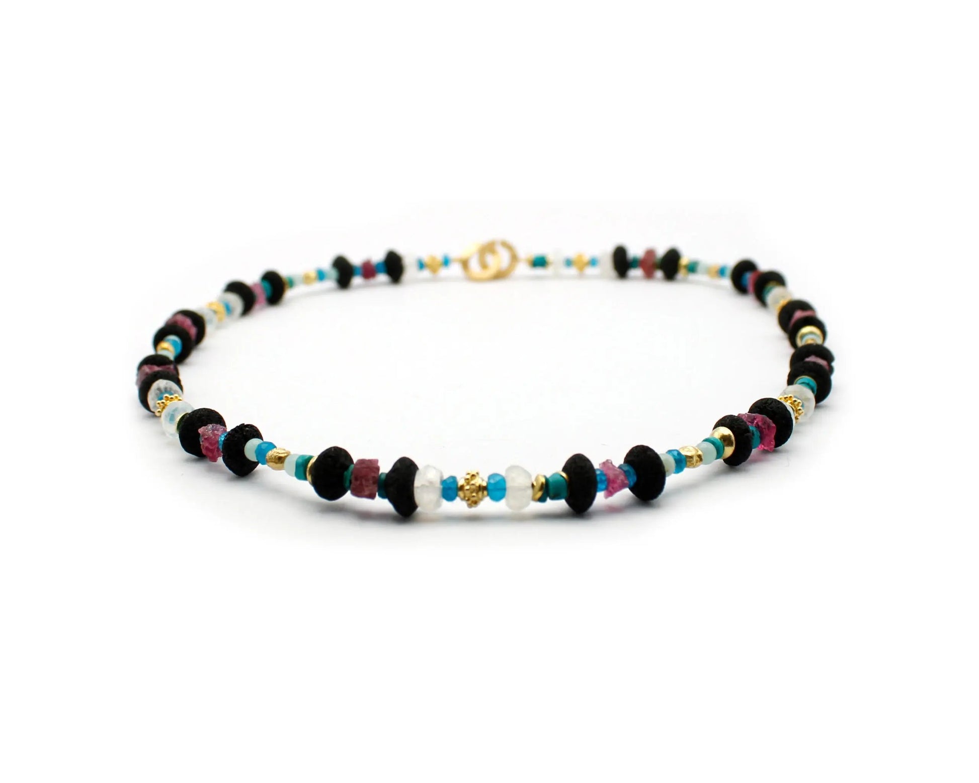 Handgefertigte Edelsteinkette 45 cm mit oval facettierten Turmalin Lava Amazonit Apatit Türkis und Mondstein Steinen vergoldeter Einhängeverschluss aus 925 Silber