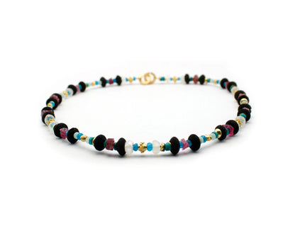 Handgefertigte Edelsteinkette 45 cm mit oval facettierten Turmalin Lava Amazonit Apatit Türkis und Mondstein Steinen vergoldeter Einhängeverschluss aus 925 Silber