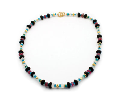 Handgefertigte Edelsteinkette 45 cm mit oval facettierten Turmalin Lava Amazonit Apatit Türkis und Mondstein Steinen vergoldeter Einhängeverschluss aus 925 Silber