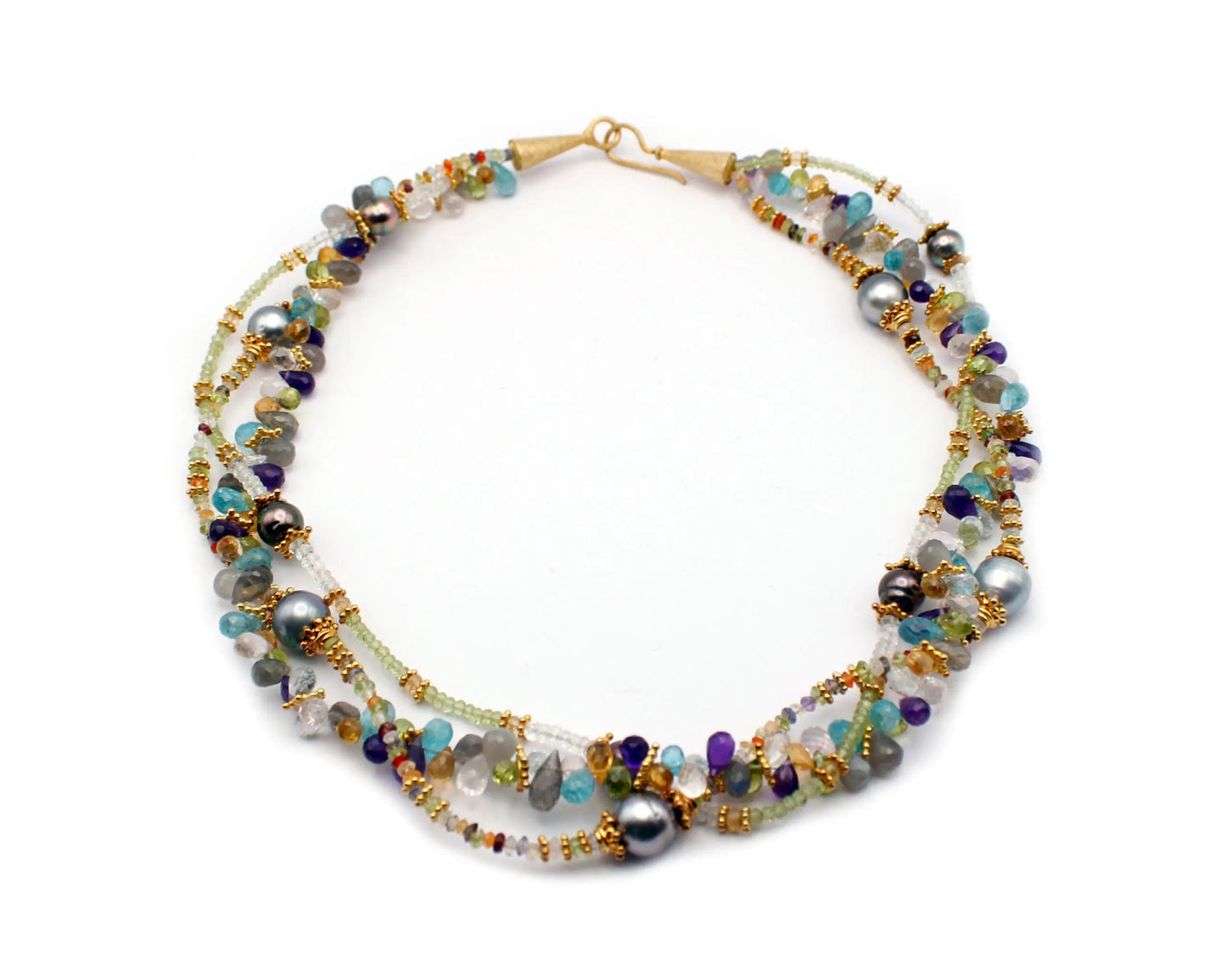 Handgefertigte Edelsteinkette 45 cm mit Peridot Aquamarin Apatit Spinell Citrin Granat und Carneol runde und tropfenförmige Steine vergoldeter Verschluss