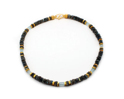 Handgefertigte Edelsteinkette 45 cm mit Labradorit und Aquamarin Carre Steine vergoldeter S-Hakenverschluss aus 925 Silber