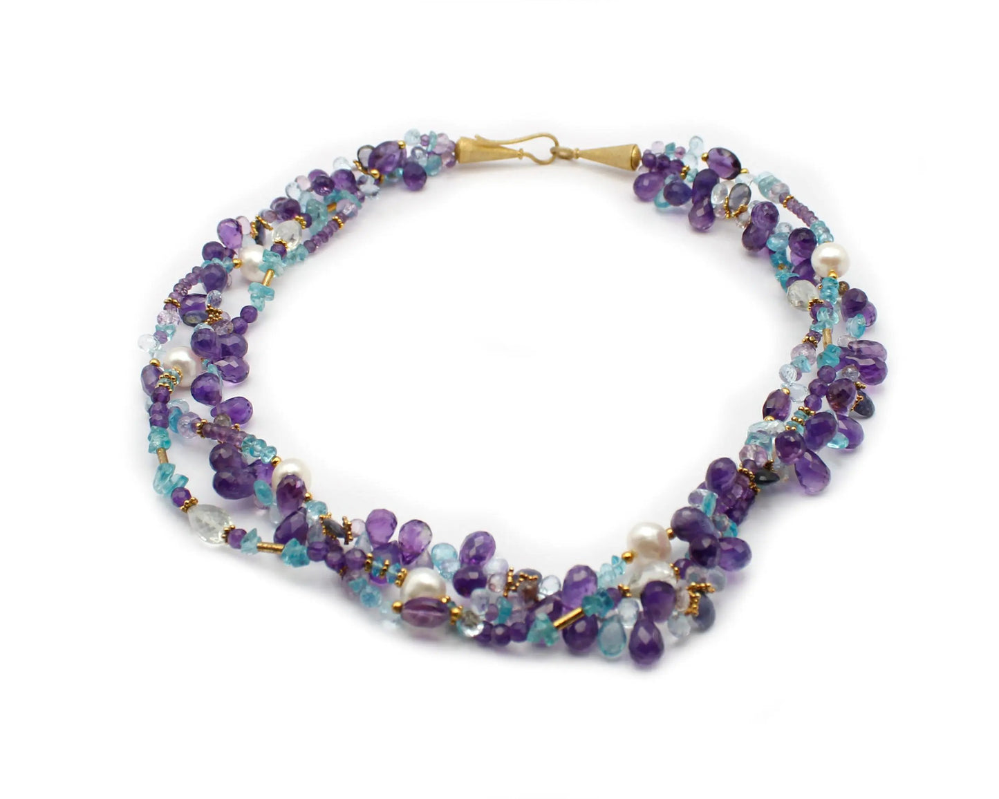 Dreireihige Edelsteinkette mit Amethyst Aquamarin Apatit Iolith Prasiolith und Süßwasserperlen 45 cm facettiert vergoldeter Einhängeverschluss