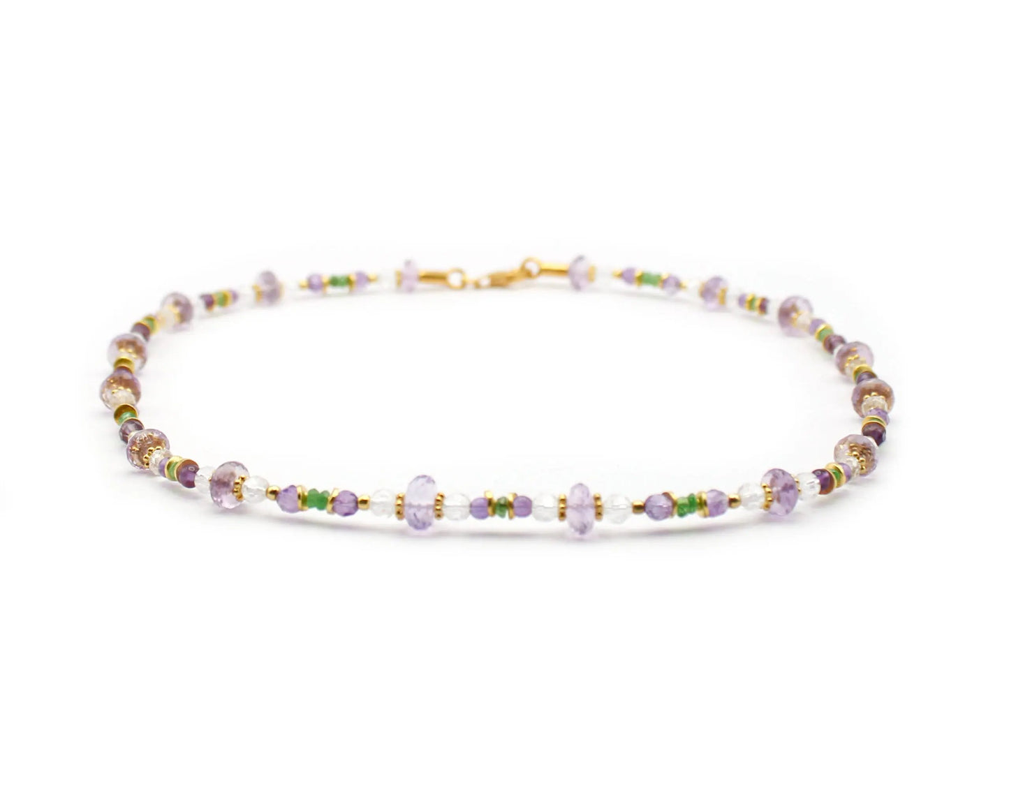 Handgefertigte Edelsteinkette mit Amethyst Quarz und Tsavorit 45 cm runde Steine 5–8 mm vergoldeter Karabiner