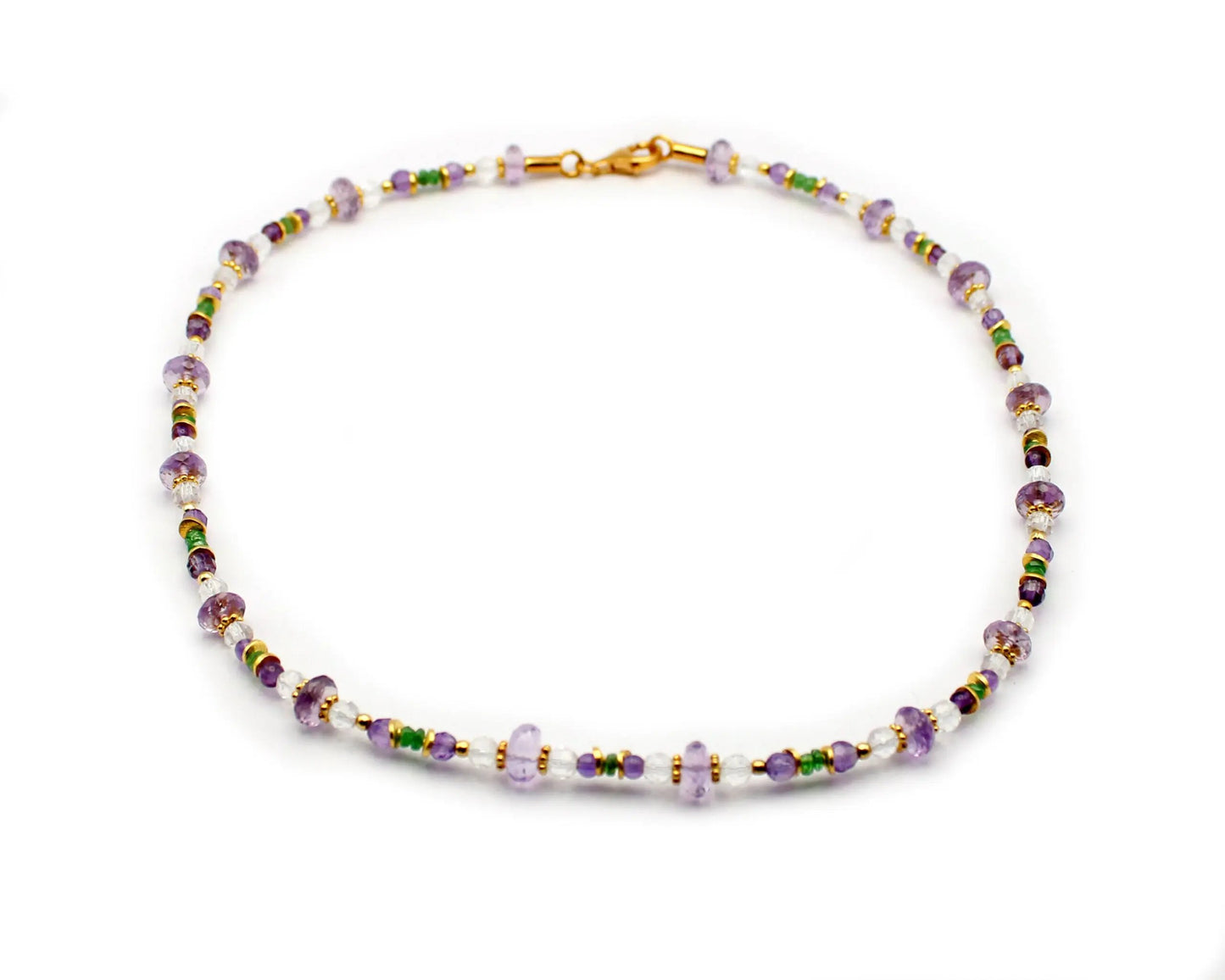 Handgefertigte Edelsteinkette mit Amethyst Quarz und Tsavorit 45 cm runde Steine 5–8 mm vergoldeter Karabiner