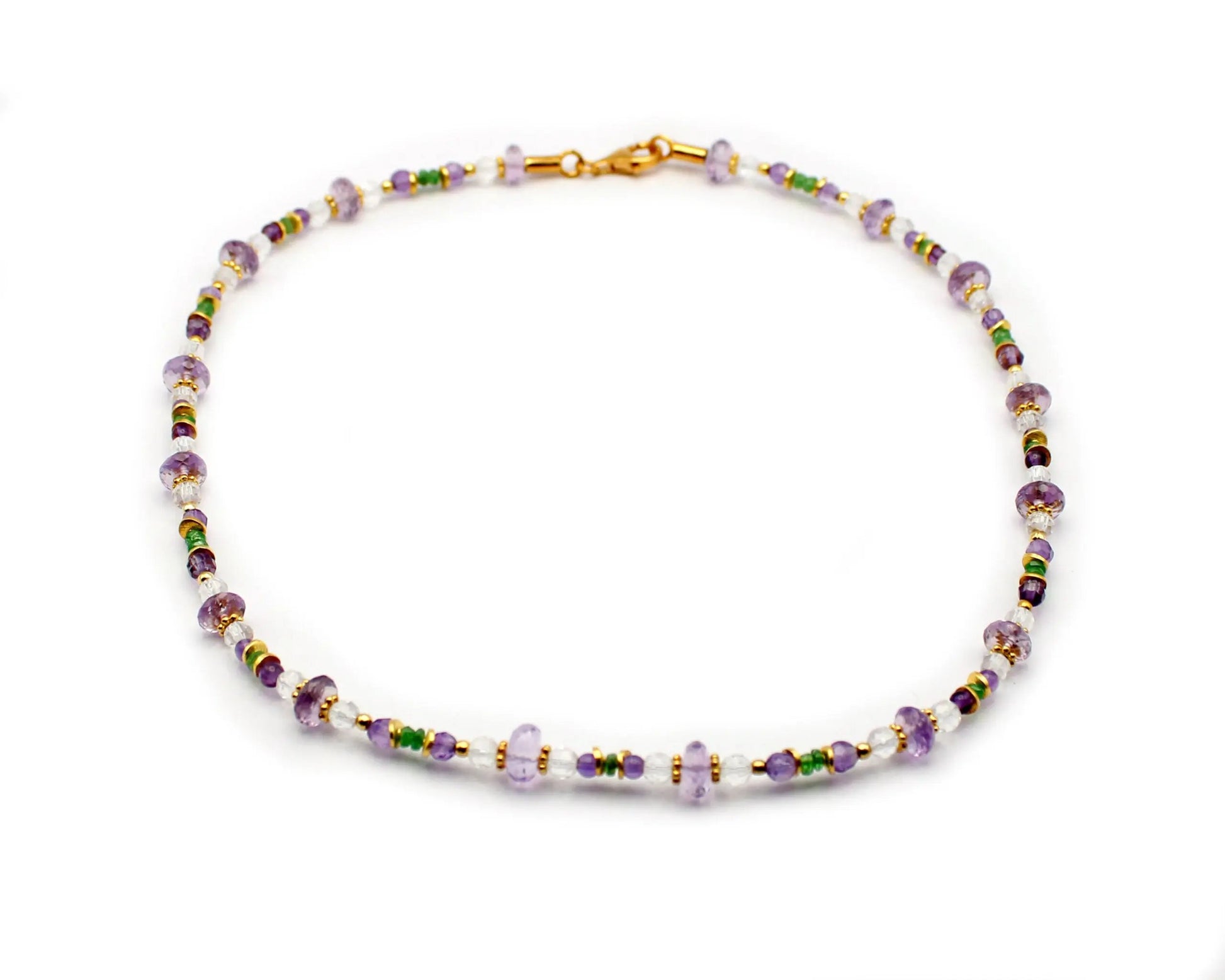 Handgefertigte Edelsteinkette mit Amethyst Quarz und Tsavorit 45 cm runde Steine 5–8 mm vergoldeter Karabiner