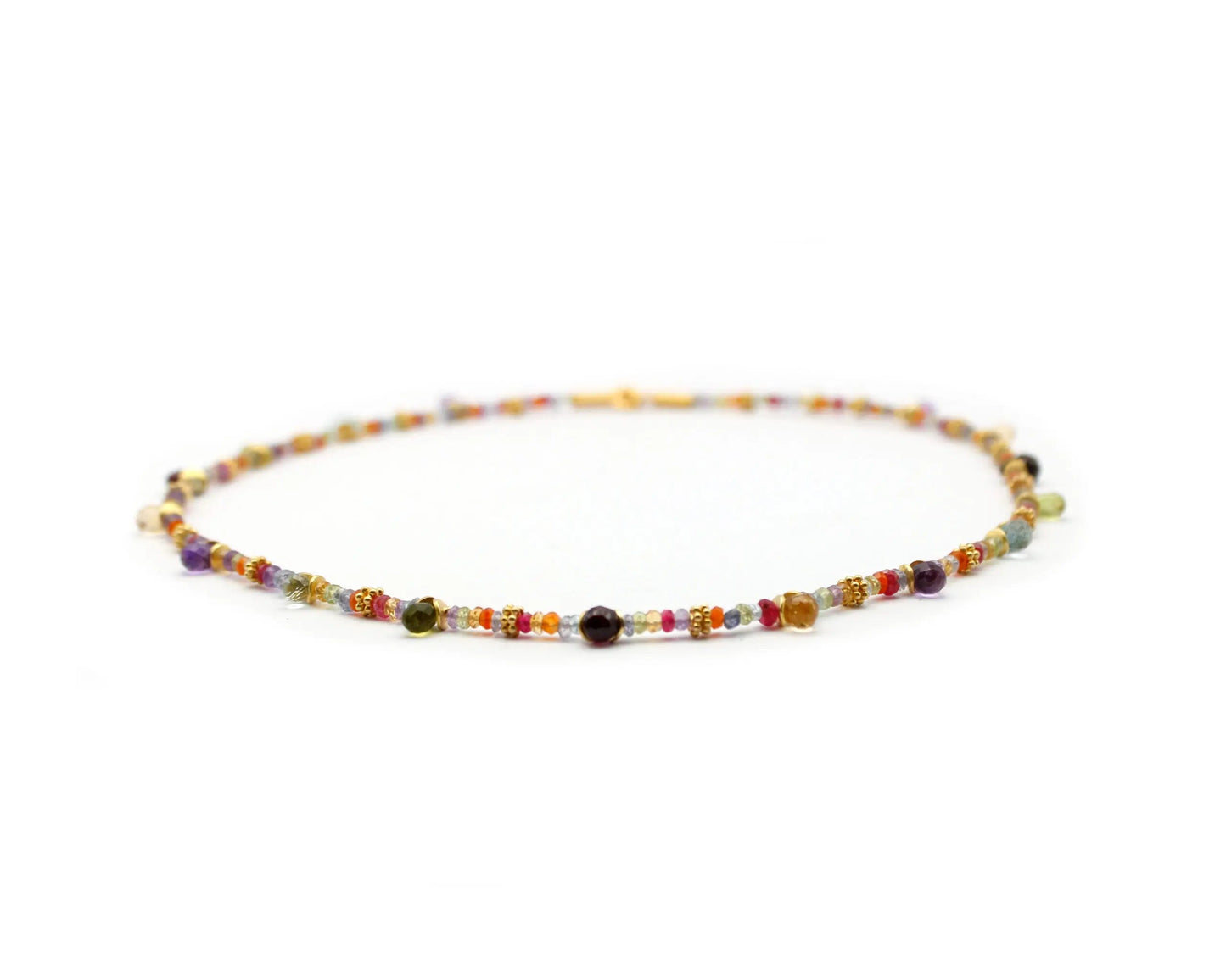 Zarte Edelsteinkette 45 cm mit bunt gemischten ovalen & runden Edelsteinen und vergoldetem Einhängeverschluss aus 925 Silber