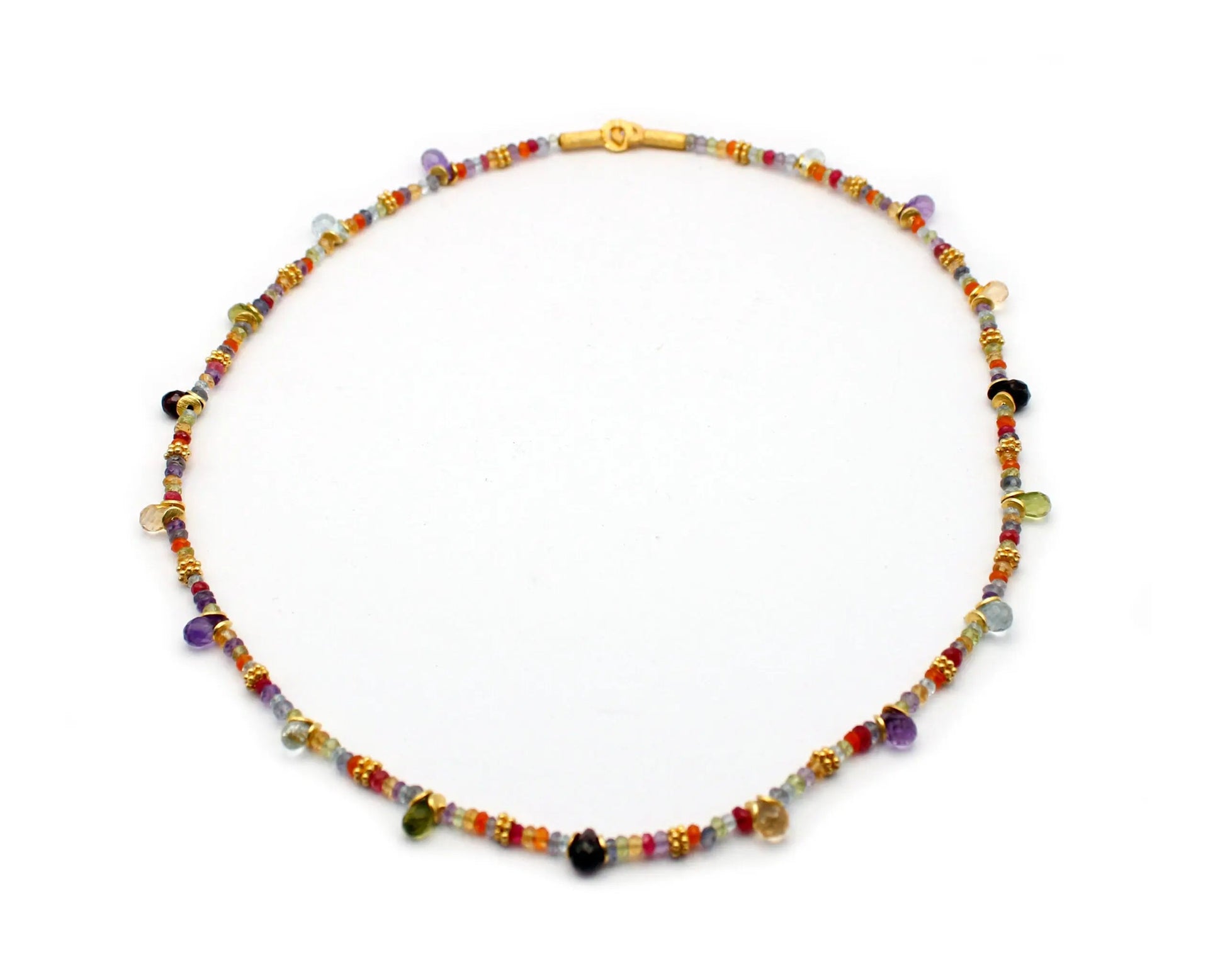 Zarte Edelsteinkette 45 cm mit bunt gemischten ovalen & runden Edelsteinen und vergoldetem Einhängeverschluss aus 925 Silber