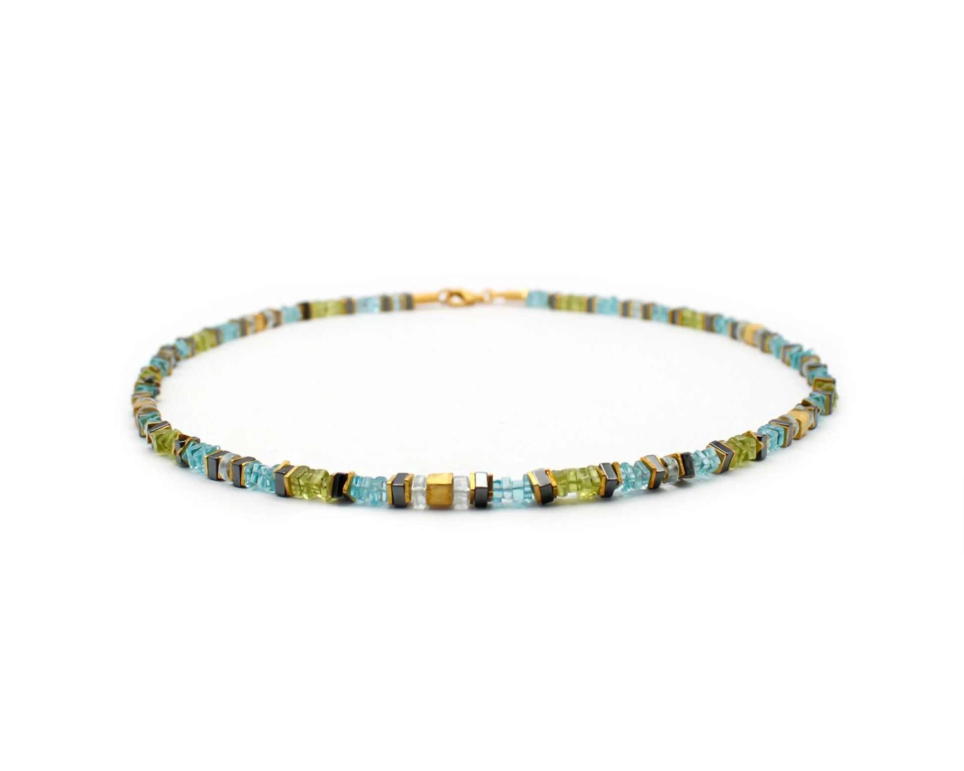 edelsteinkette marina 45cm aquamarin peridot apatit hämatin viereckige steine vergoldeter silber karabinerverschluss