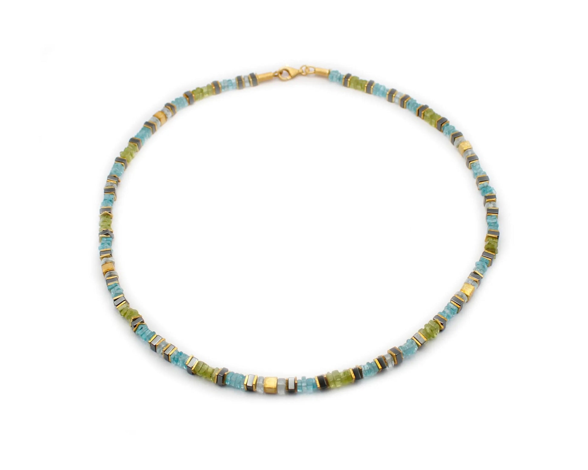 edelsteinkette marina 45cm aquamarin peridot apatit hämatin viereckige steine vergoldeter silber karabinerverschluss