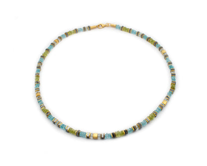 edelsteinkette marina 45cm aquamarin peridot apatit hämatin viereckige steine vergoldeter silber karabinerverschluss