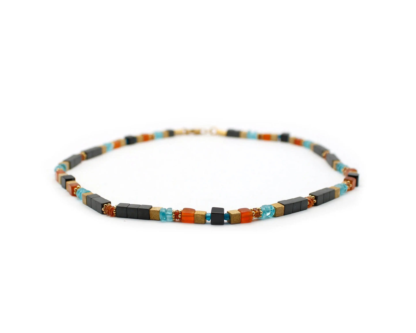 Handgefertigte Edelsteinkette 45 cm mit Spinell Mandaringranat Karneol Apatit und Hämatin in runder und Würfelform mit vergoldetem Karabinerverschluss