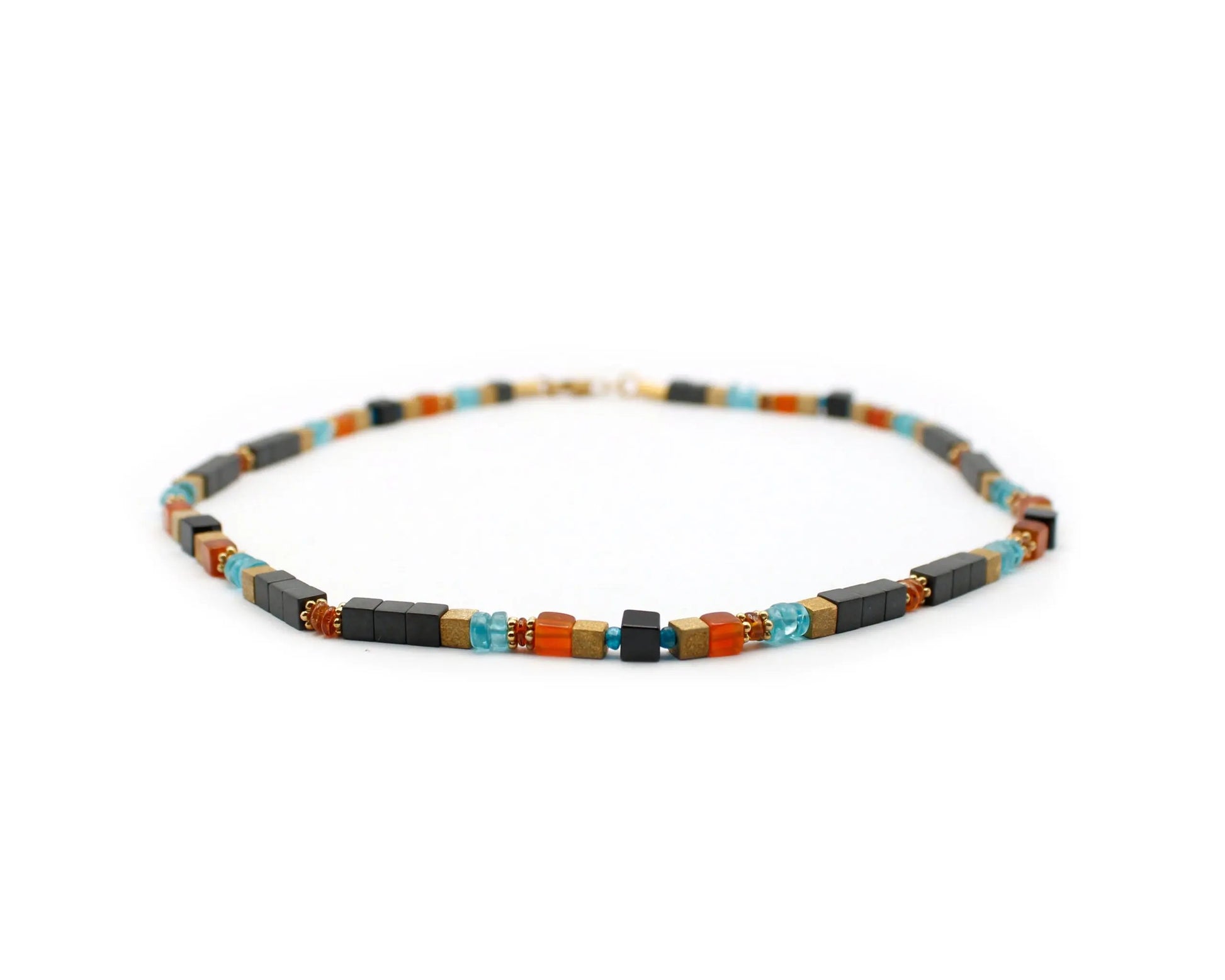 Handgefertigte Edelsteinkette 45 cm mit Spinell Mandaringranat Karneol Apatit und Hämatin in runder und Würfelform mit vergoldetem Karabinerverschluss