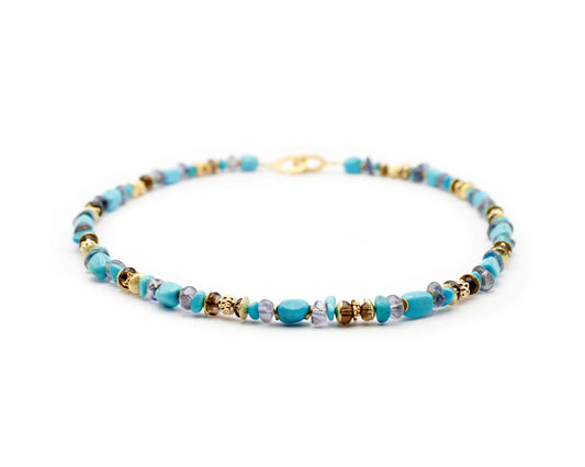 Handgefertigte Edelsteinkette für Damen mit Iolith und Türkis, 45 cm lang, mit vergoldetem Silberverschluss