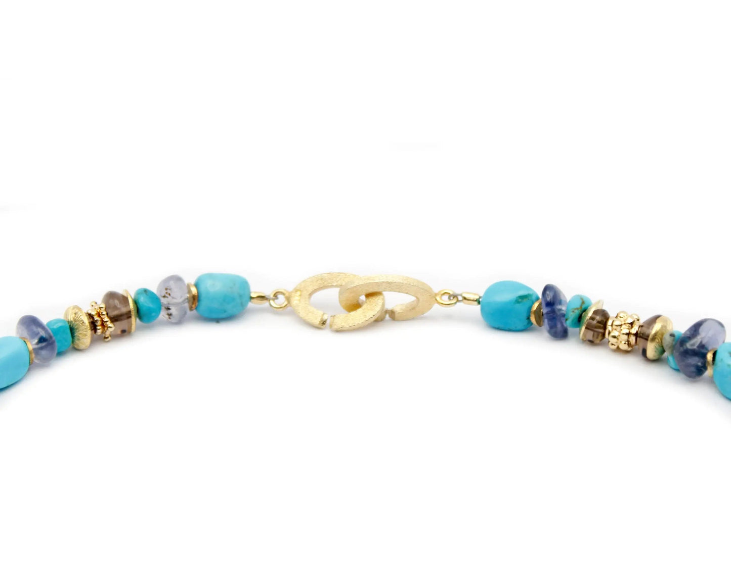 Handgefertigte Edelsteinkette für Damen mit Iolith und Türkis, 45 cm lang, mit vergoldetem Silberverschluss