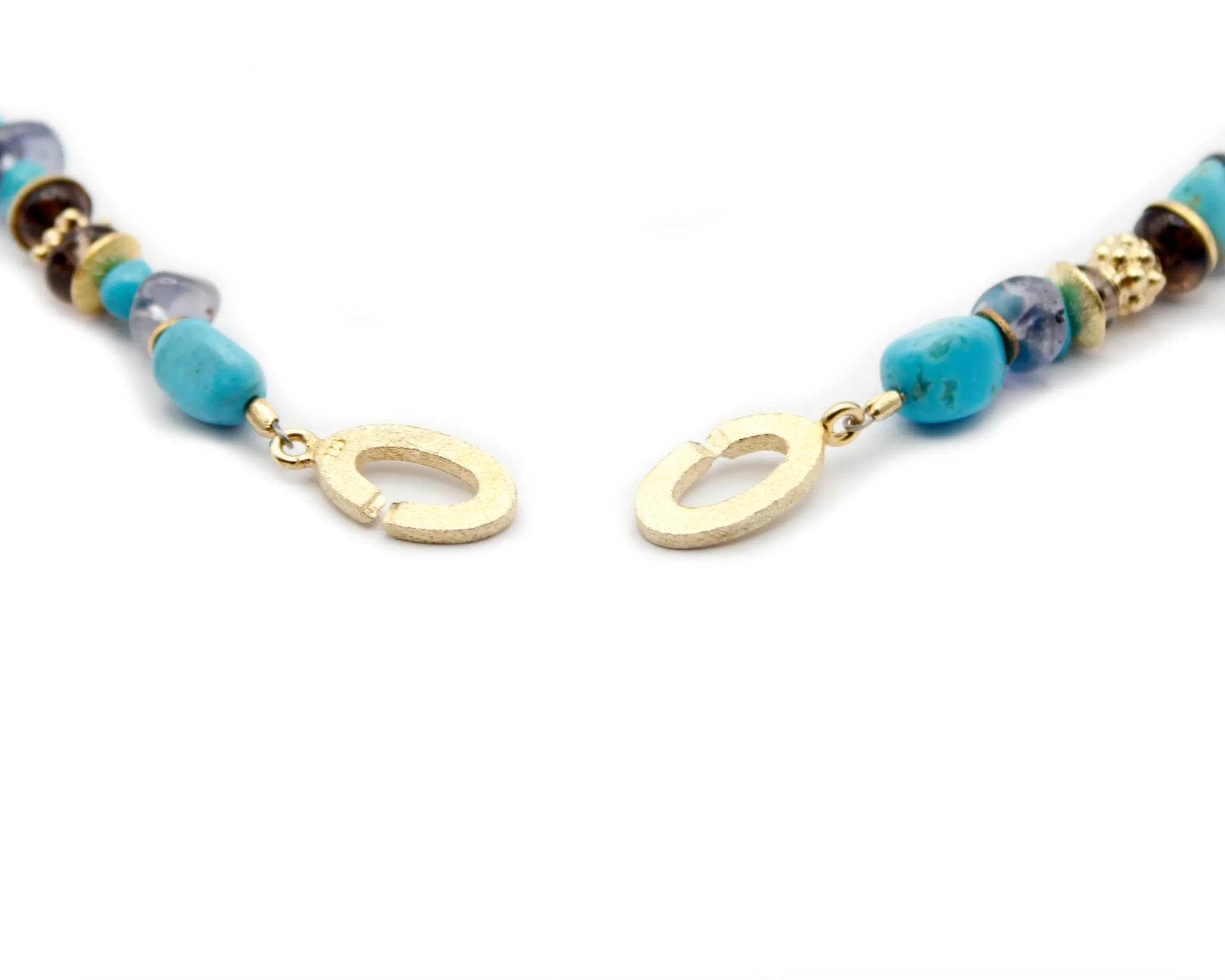 Handgefertigte Edelsteinkette für Damen mit Iolith und Türkis, 45 cm lang, mit vergoldetem Silberverschluss