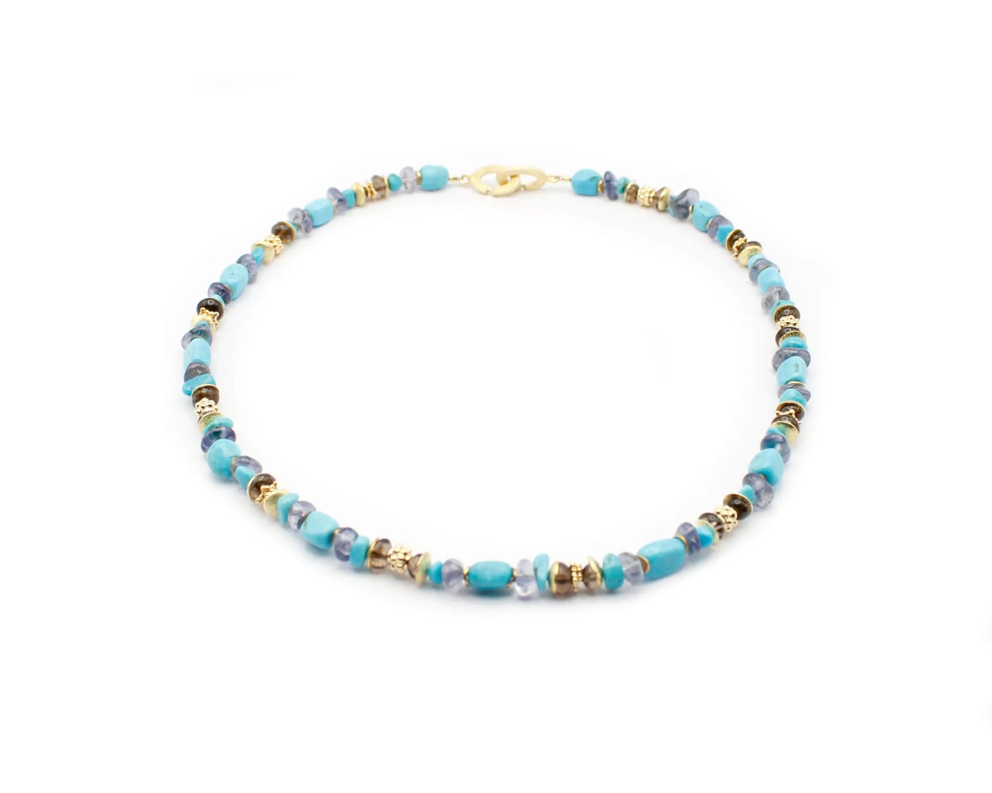 Handgefertigte Edelsteinkette für Damen mit Iolith und Türkis, 45 cm lang, mit vergoldetem Silberverschluss