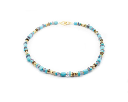Handgefertigte Edelsteinkette für Damen mit Iolith und Türkis, 45 cm lang, mit vergoldetem Silberverschluss