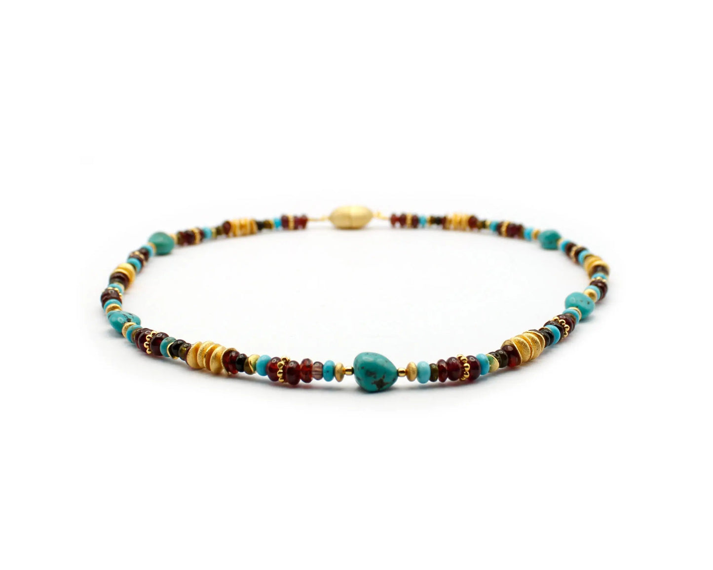 Handgefertigte Kette 45 cm mit Granat Türkis und Turmalin runde und ovale Edelsteine Magnetverschluss 925 Silber goldplattiert