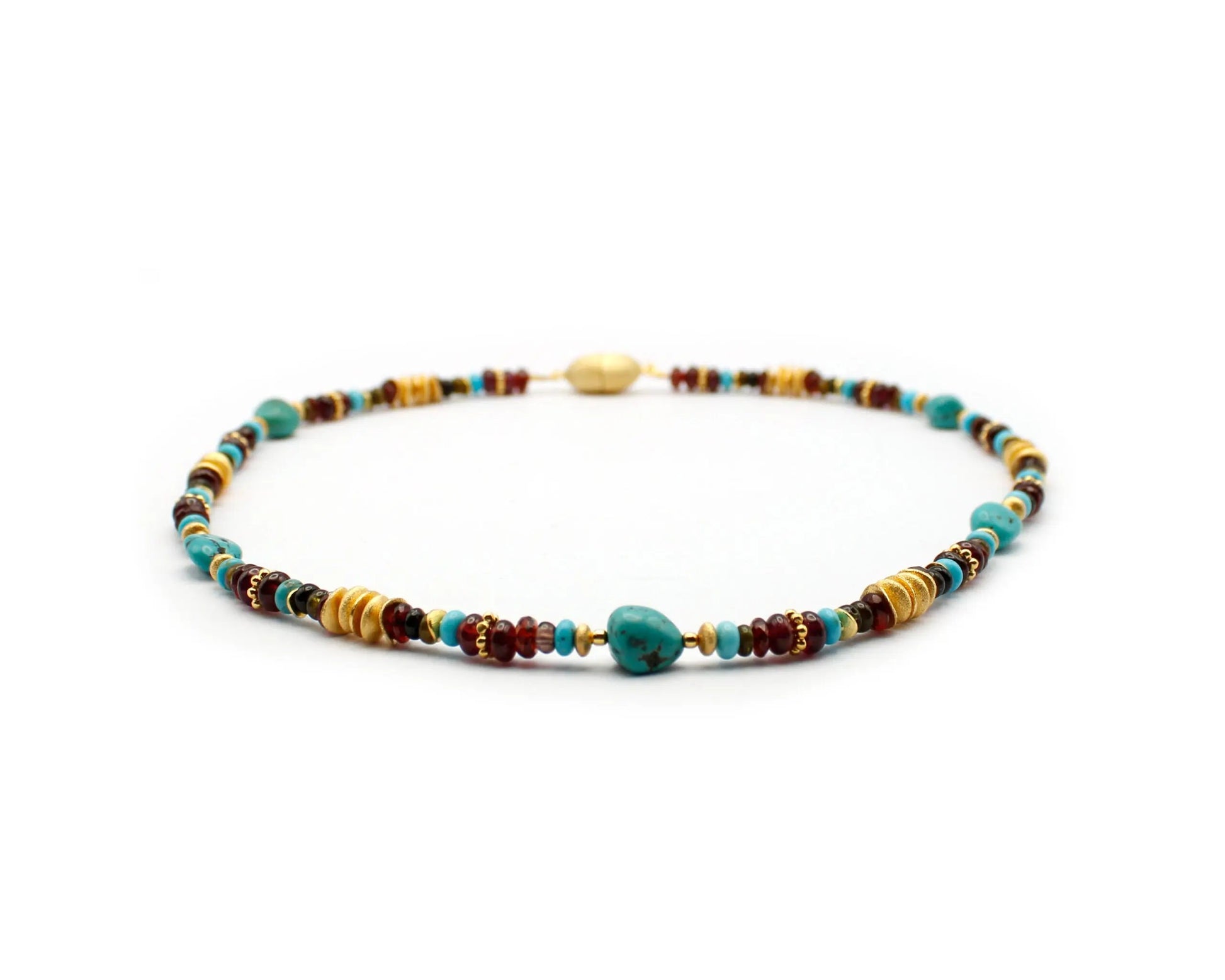 Handgefertigte Kette 45 cm mit Granat Türkis und Turmalin runde und ovale Edelsteine Magnetverschluss 925 Silber goldplattiert