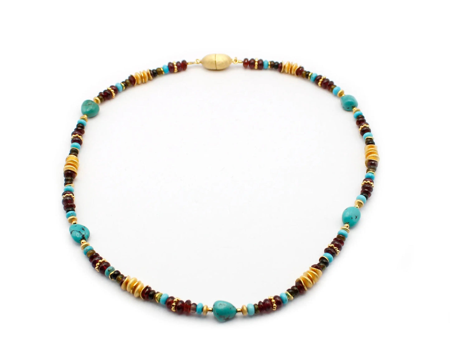 Handgefertigte Kette 45 cm mit Granat Türkis und Turmalin runde und ovale Edelsteine Magnetverschluss 925 Silber goldplattiert