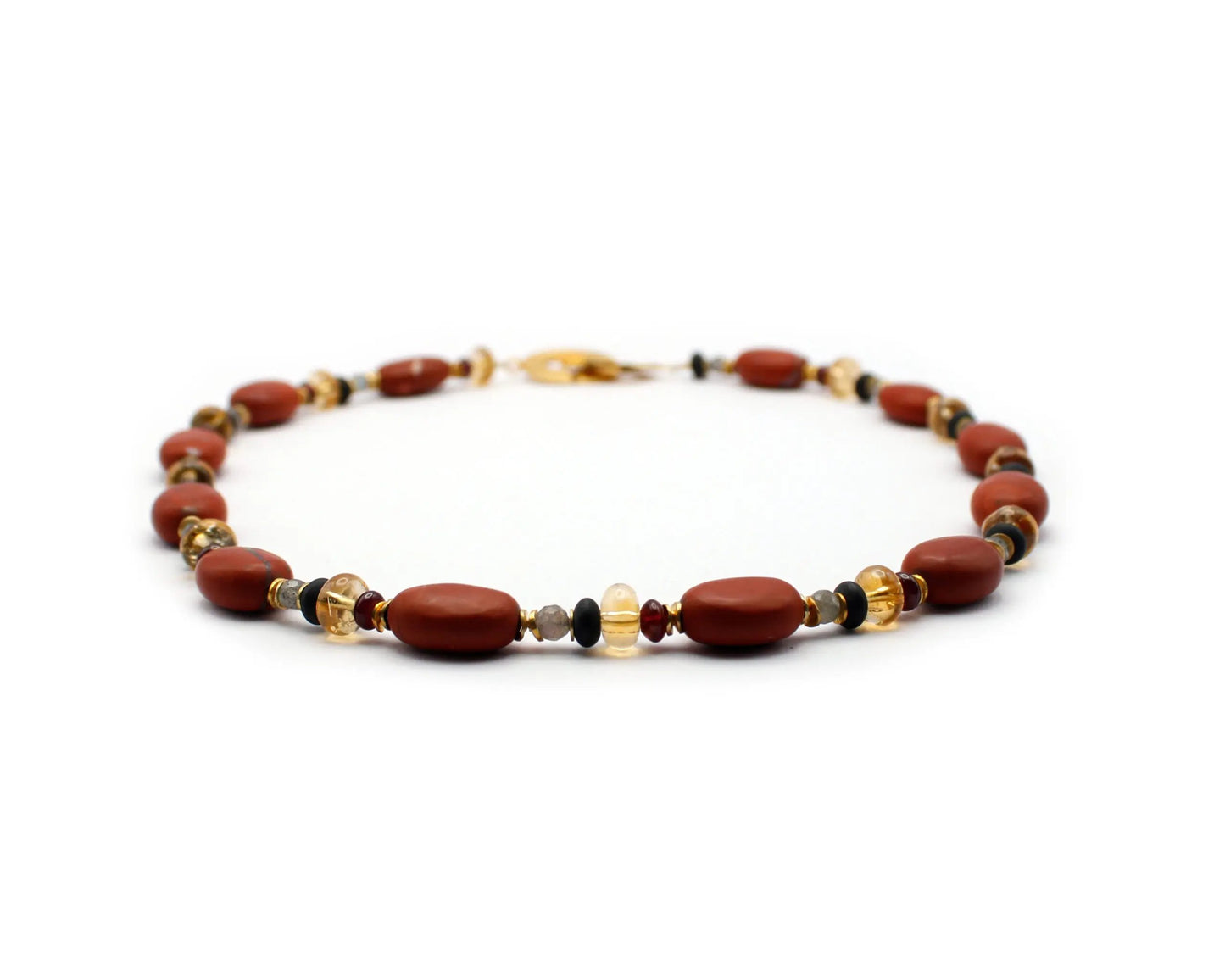 Handgefertigte Edelsteinkette 45 cm mit ovalen Granat Labradorit Onyx Citrin und Jaspis Steinen vergoldeter Einhängeverschluss