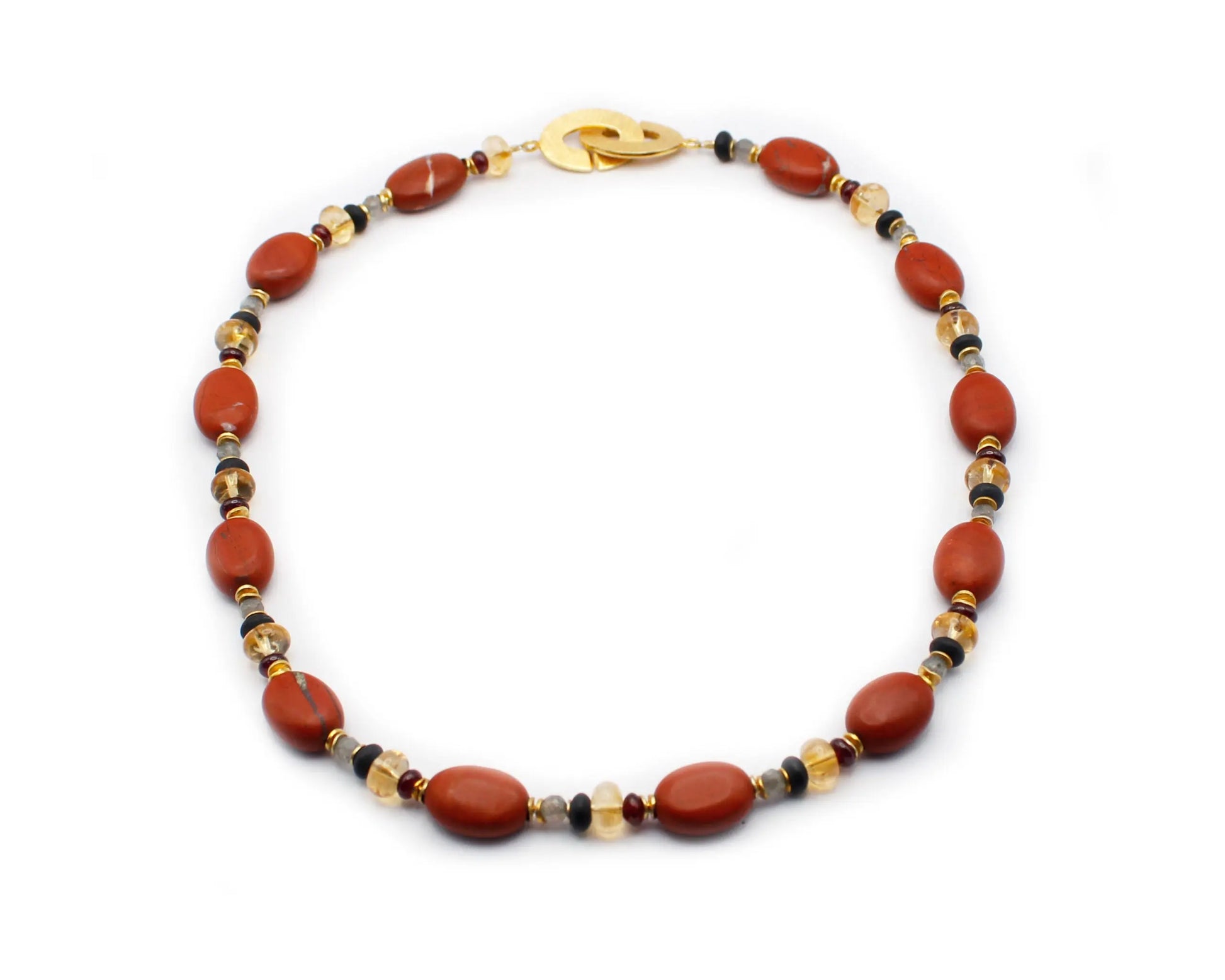Handgefertigte Edelsteinkette 45 cm mit ovalen Granat Labradorit Onyx Citrin und Jaspis Steinen vergoldeter Einhängeverschluss