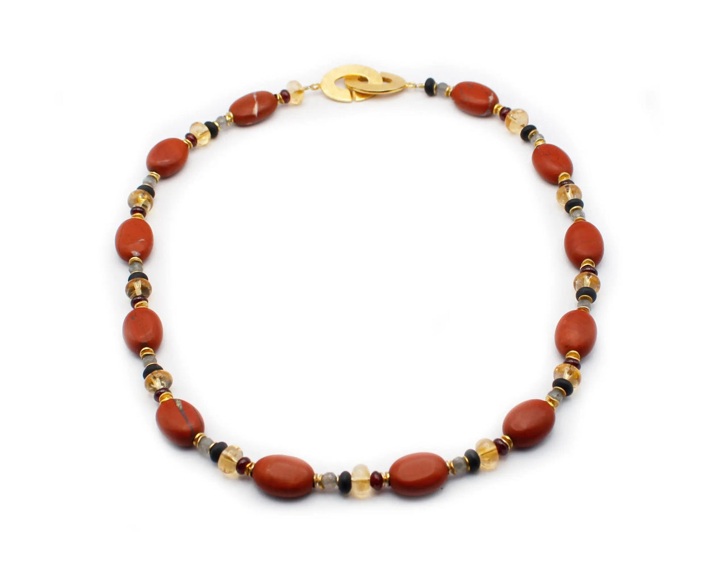 Handgefertigte Edelsteinkette 45 cm mit ovalen Granat Labradorit Onyx Citrin und Jaspis Steinen vergoldeter Einhängeverschluss