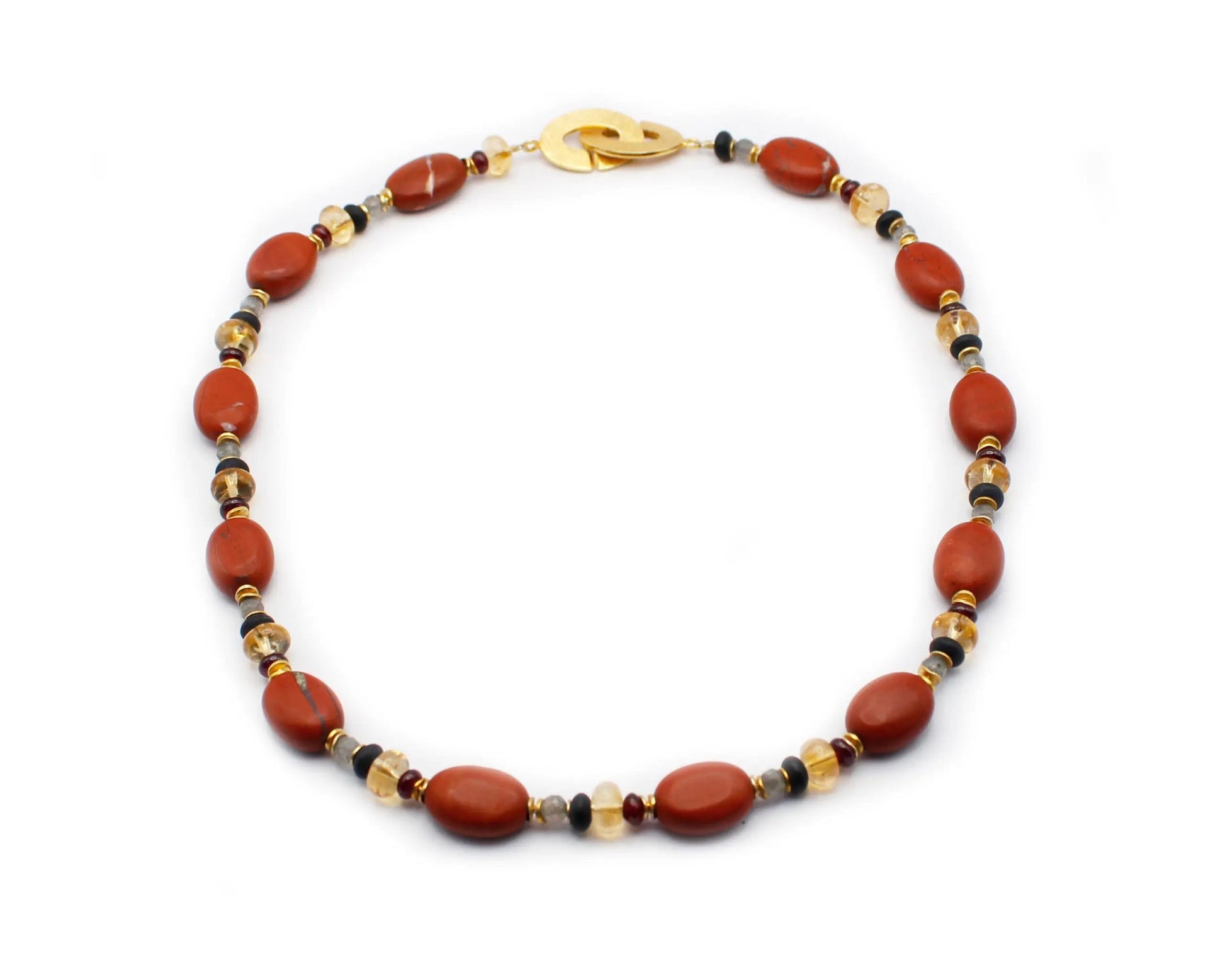 Handgefertigte Edelsteinkette 45 cm mit ovalen Granat Labradorit Onyx Citrin und Jaspis Steinen vergoldeter Einhängeverschluss