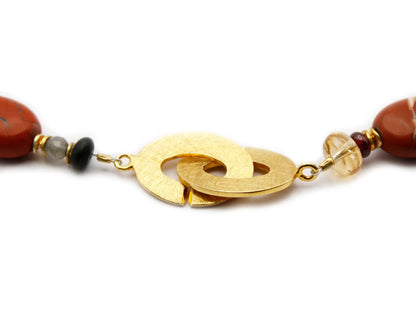 Handgefertigte Edelsteinkette 45 cm mit ovalen Granat Labradorit Onyx Citrin und Jaspis Steinen vergoldeter Einhängeverschluss