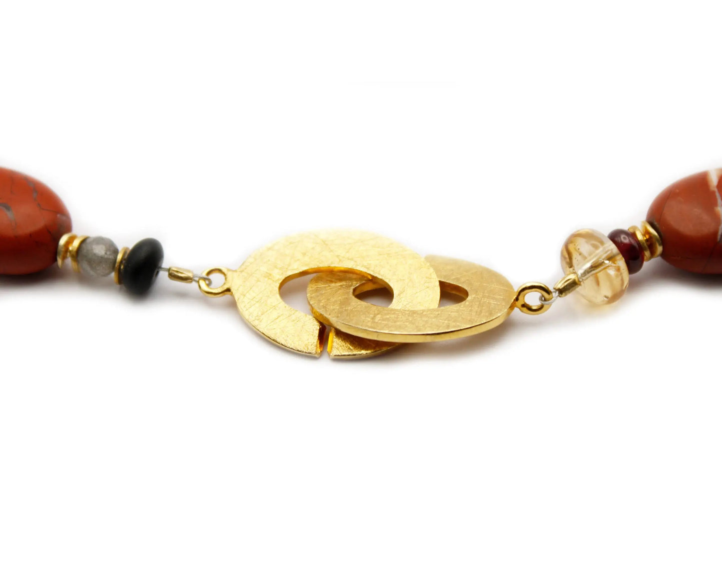 Handgefertigte Edelsteinkette 45 cm mit ovalen Granat Labradorit Onyx Citrin und Jaspis Steinen vergoldeter Einhängeverschluss