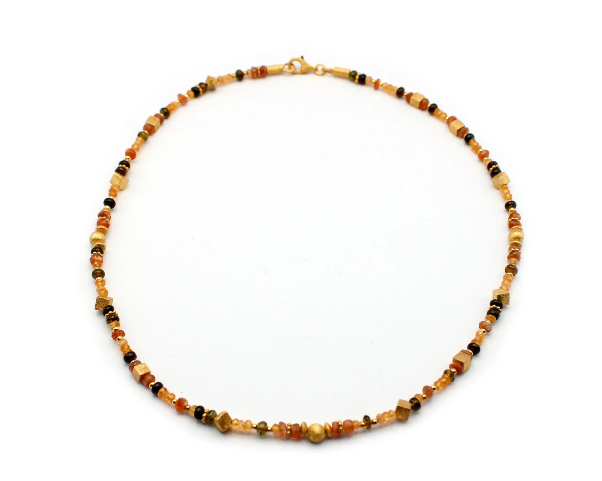 edelsteinkette sophie 45cm mandaringranat sonnenstein turmalin rund viereckig 3mm 5mm vergoldeter karabiner silber