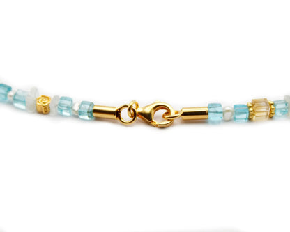Handgefertigte Edelsteinkette mit Aquamarin Apatit Citrin und Süßwasserperlen 45 cm 5 mm rund & eckig vergoldeter Karabiner