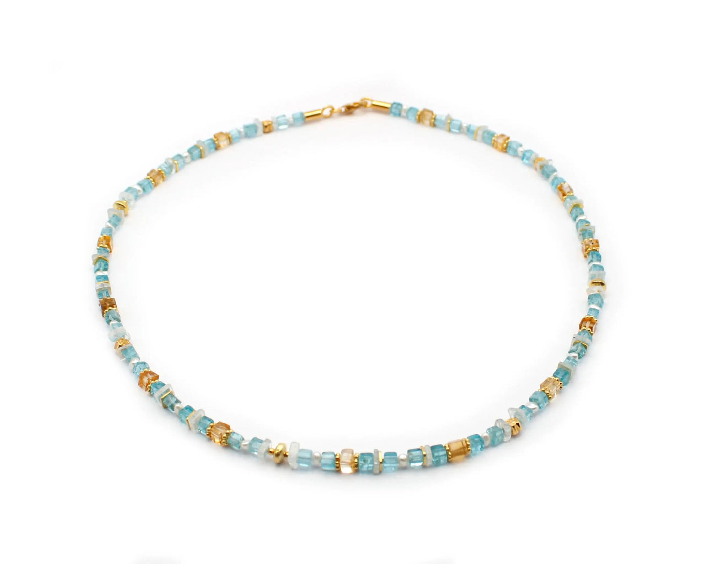 Handgefertigte Edelsteinkette mit Aquamarin Apatit Citrin und Süßwasserperlen 45 cm 5 mm rund & eckig vergoldeter Karabiner