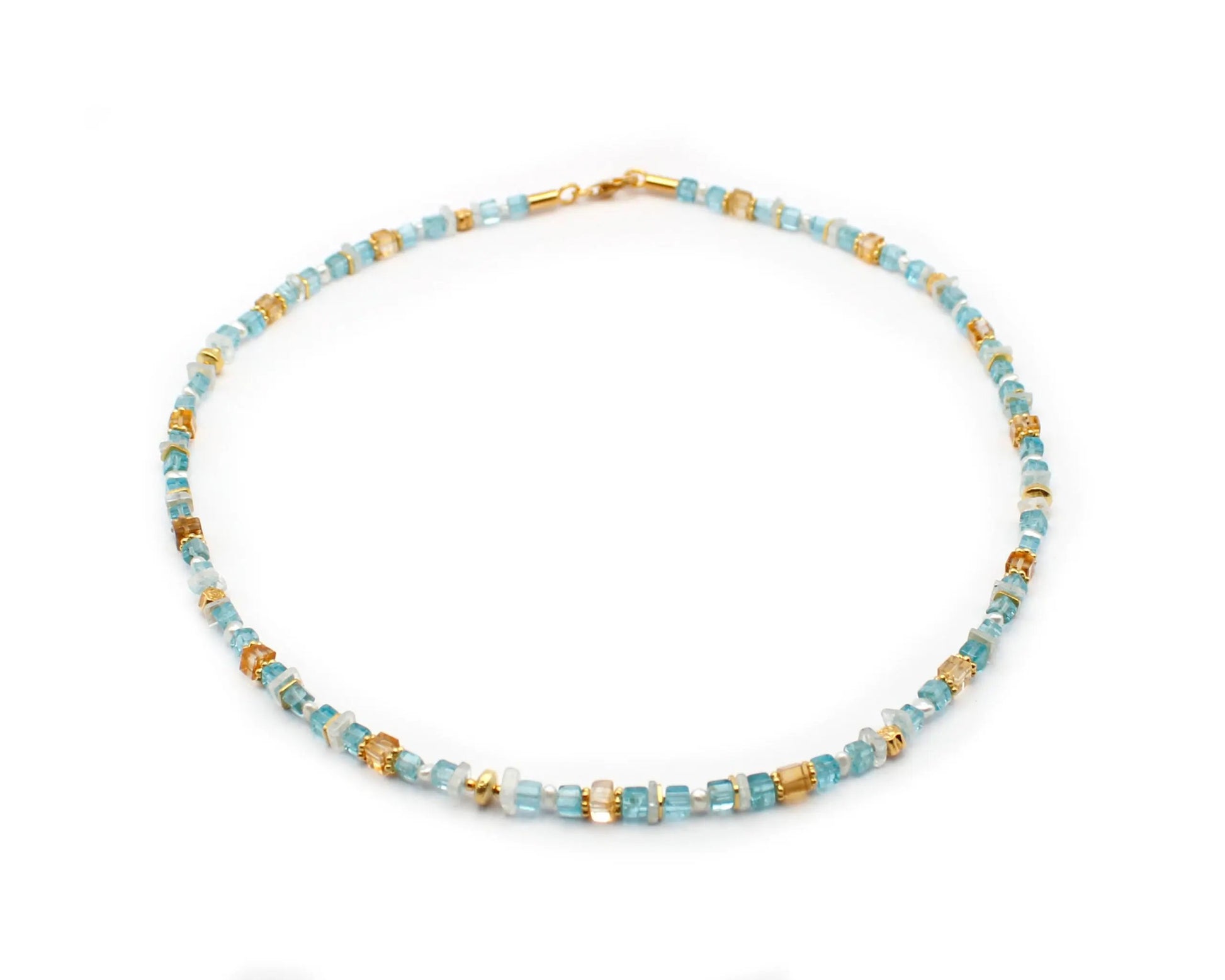 Handgefertigte Edelsteinkette mit Aquamarin Apatit Citrin und Süßwasserperlen 45 cm 5 mm rund & eckig vergoldeter Karabiner