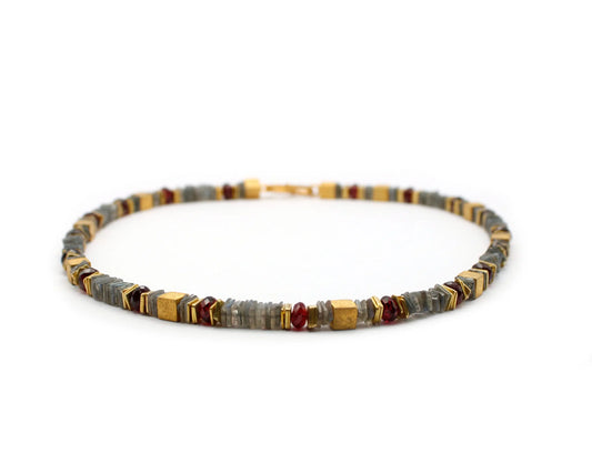 edelsteinkette valentin 45cm labradorit granat viereckig 6mm s-haken vergoldeter 925 silberverschluss handgefertigt