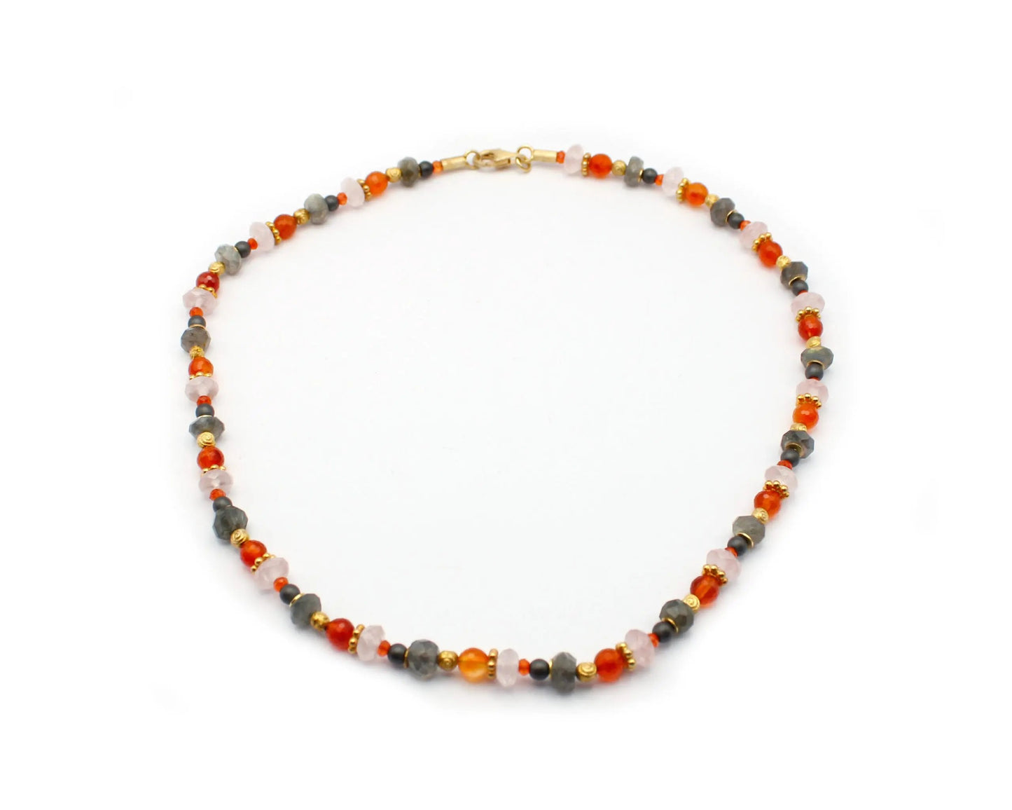 edelsteinkette wild orange 45cm carneol rosenquarz labradorit rund facettiert vergoldeter karabiner 925 silber