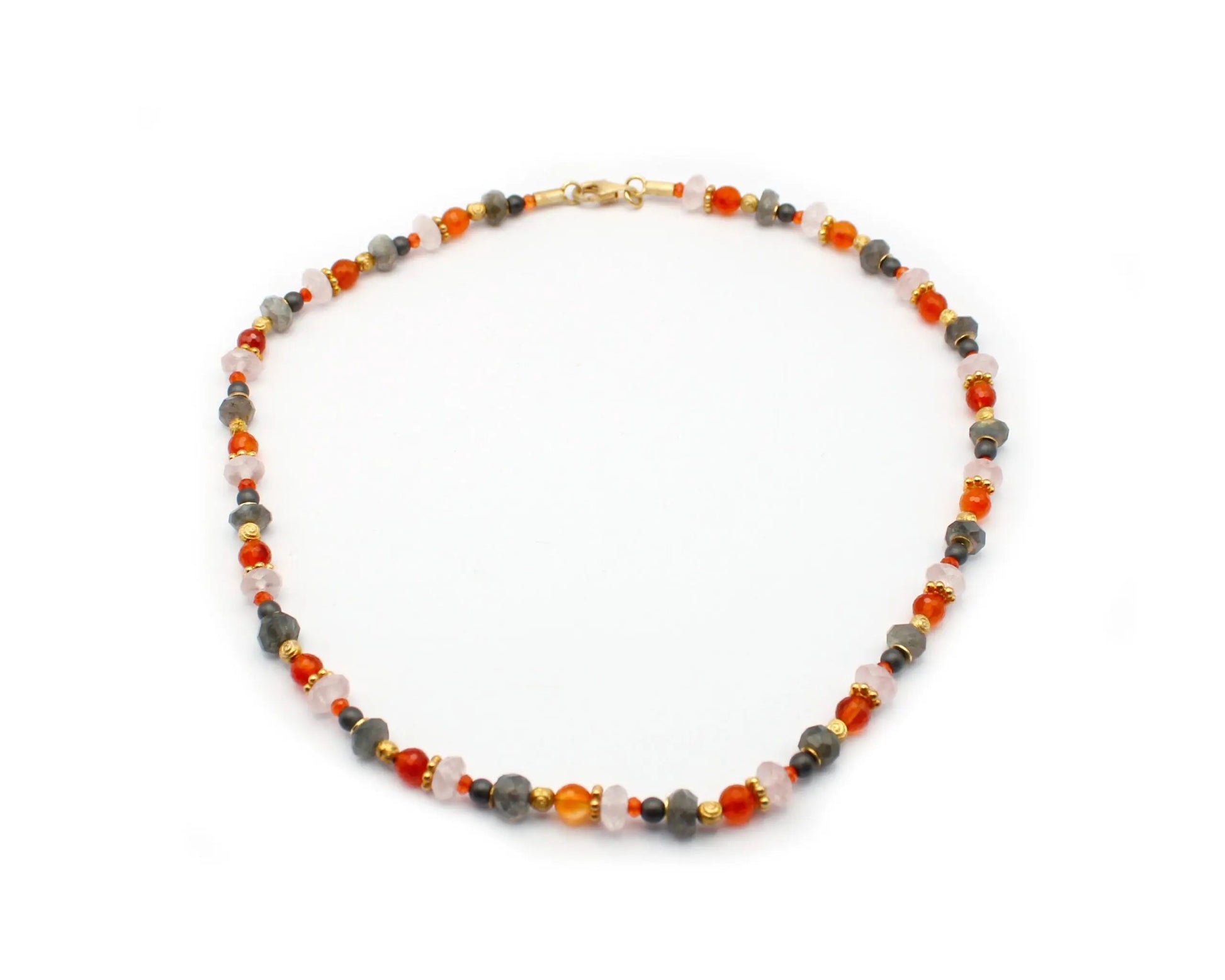 edelsteinkette wild orange 45cm carneol rosenquarz labradorit rund facettiert vergoldeter karabiner 925 silber