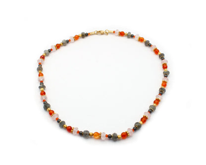 edelsteinkette wild orange 45cm carneol rosenquarz labradorit rund facettiert vergoldeter karabiner 925 silber
