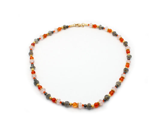 edelsteinkette wild orange 45cm carneol rosenquarz labradorit rund facettiert vergoldeter karabiner 925 silber