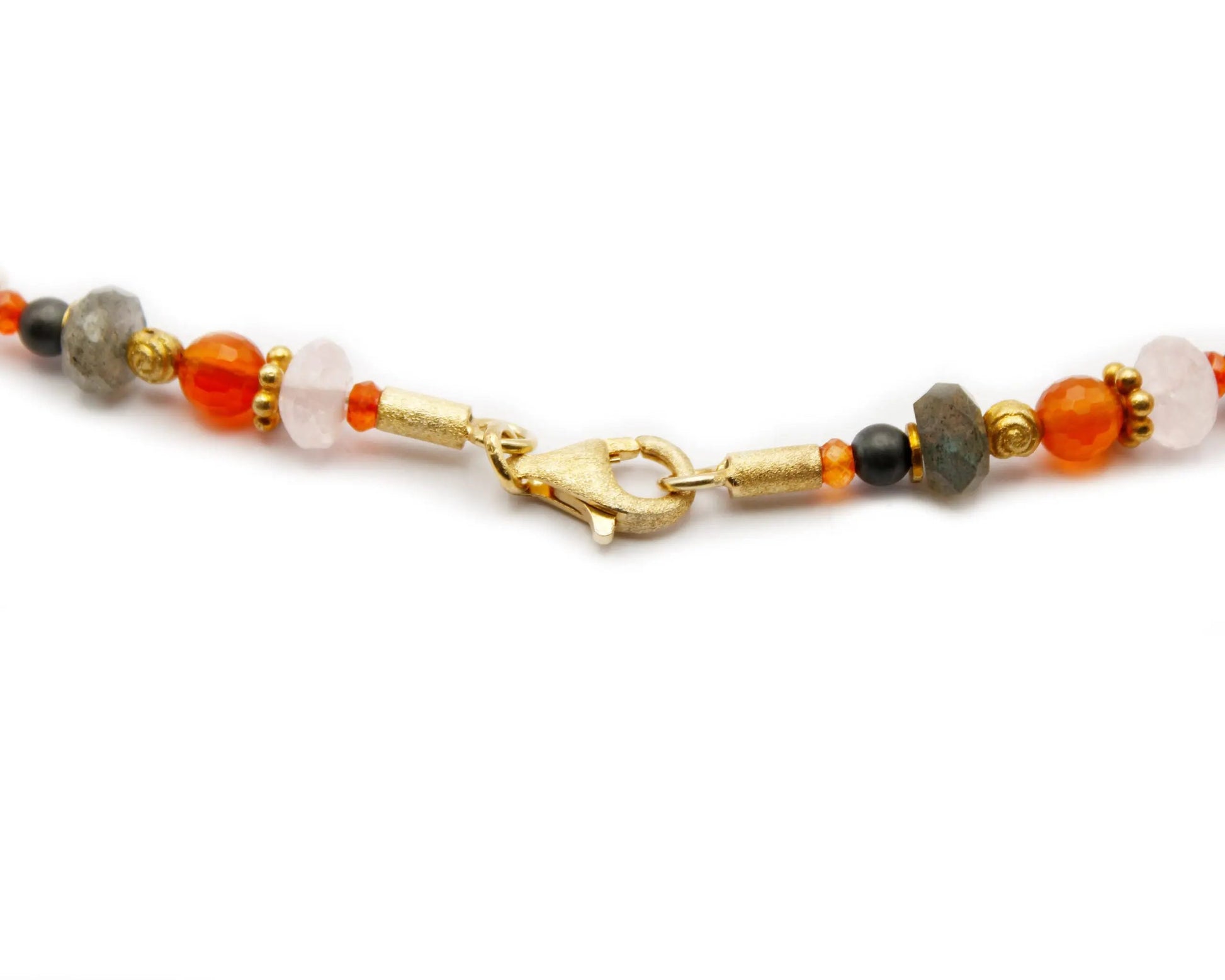 edelsteinkette wild orange 45cm carneol rosenquarz labradorit rund facettiert vergoldeter karabiner 925 silber