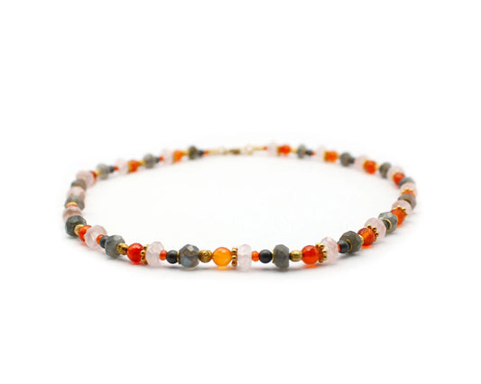 edelsteinkette wild orange 45cm carneol rosenquarz labradorit rund facettiert vergoldeter karabiner 925 silber